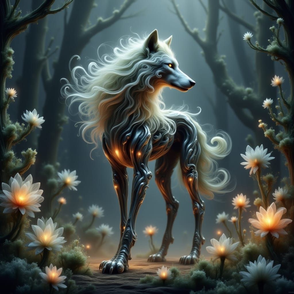 Ethereal Biomechanical Wolf in Dreamlike Forest