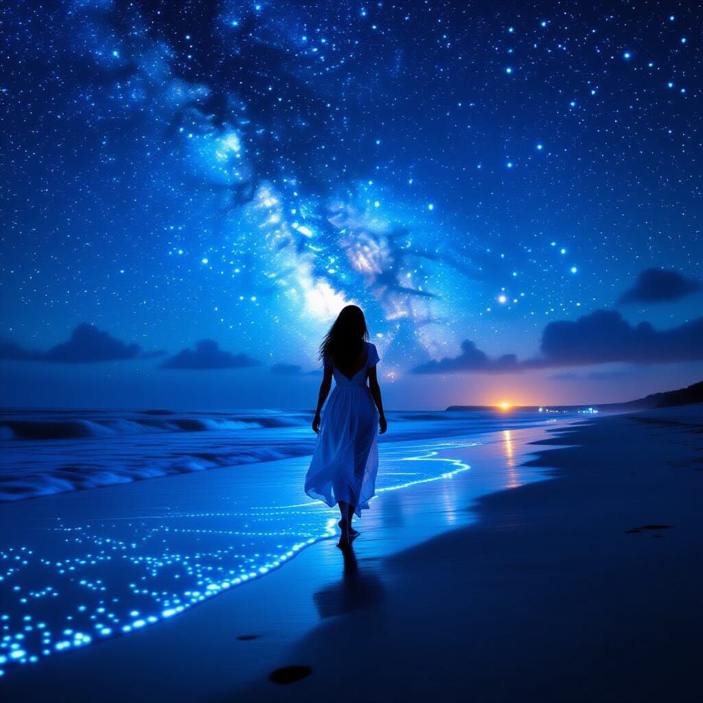 Woman Walks Bioluminescent Beach at Night
