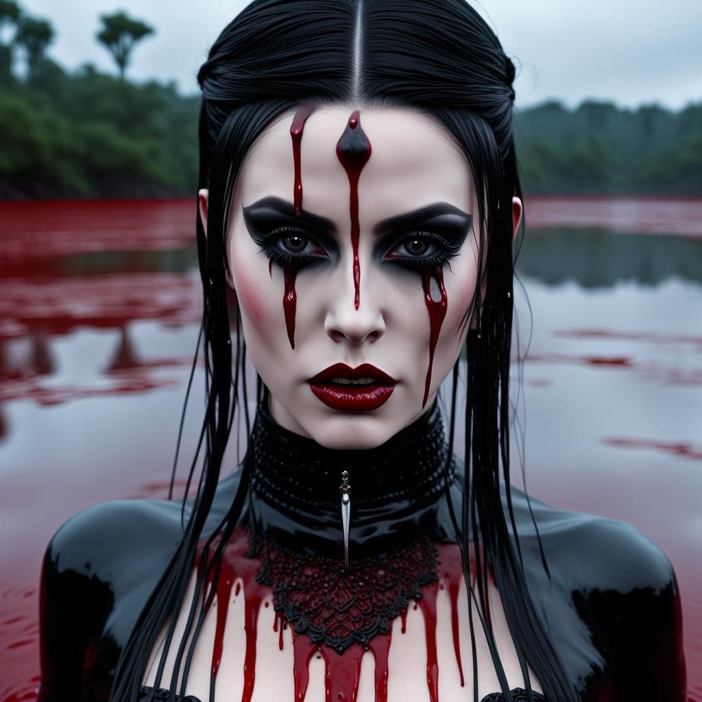 Gothic Woman in Blood Lake: A Photorealistic Horror