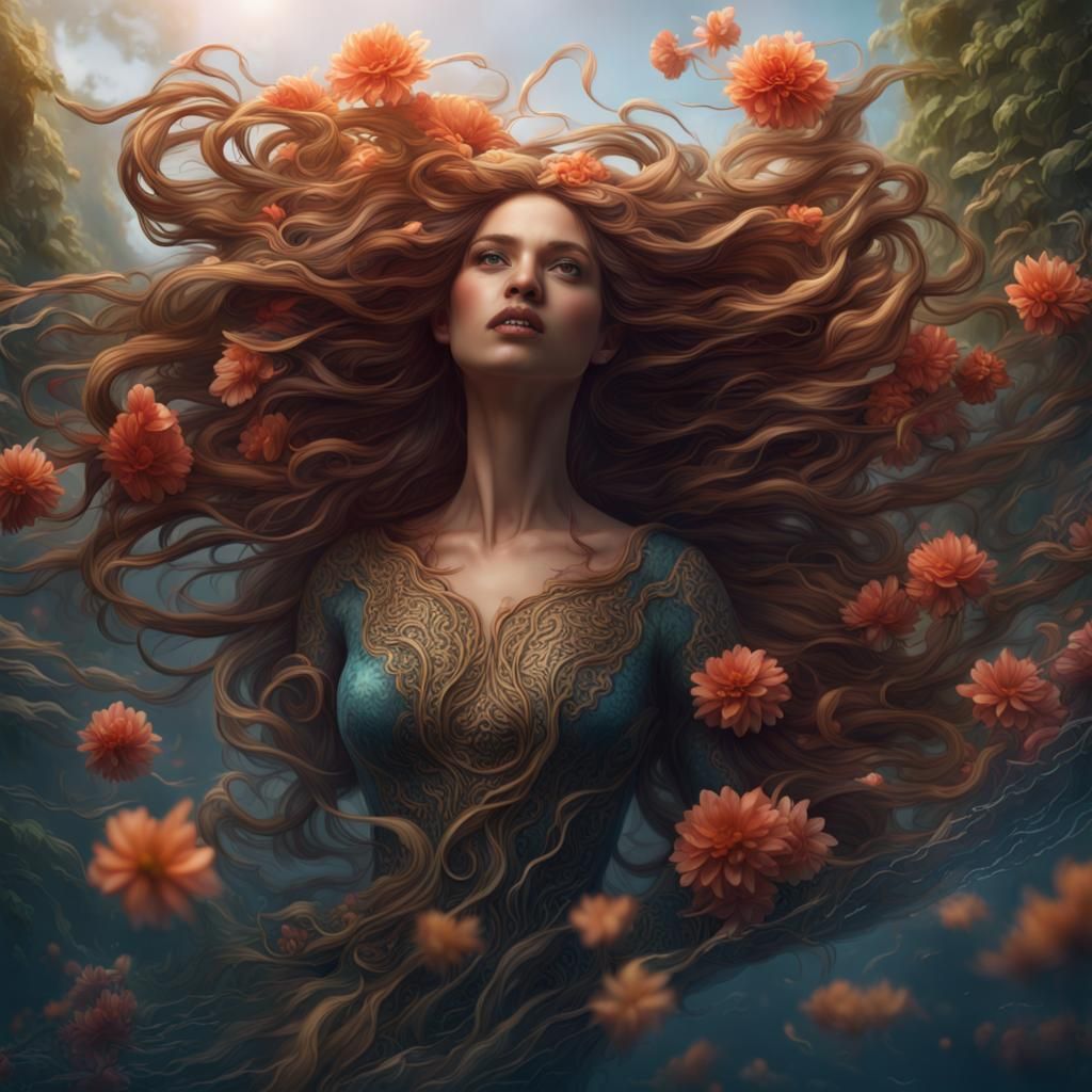 Fantastical Woman with Flowing Floral Hair