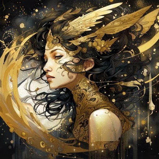 Black and Gold Valkyrie in Flight, Ink Flow Art