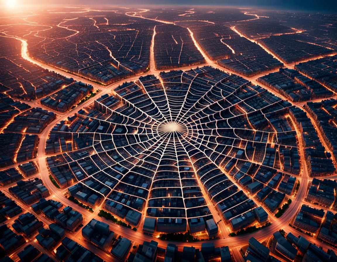 Spiderweb Cityscape at Magic Hour: Aerial View