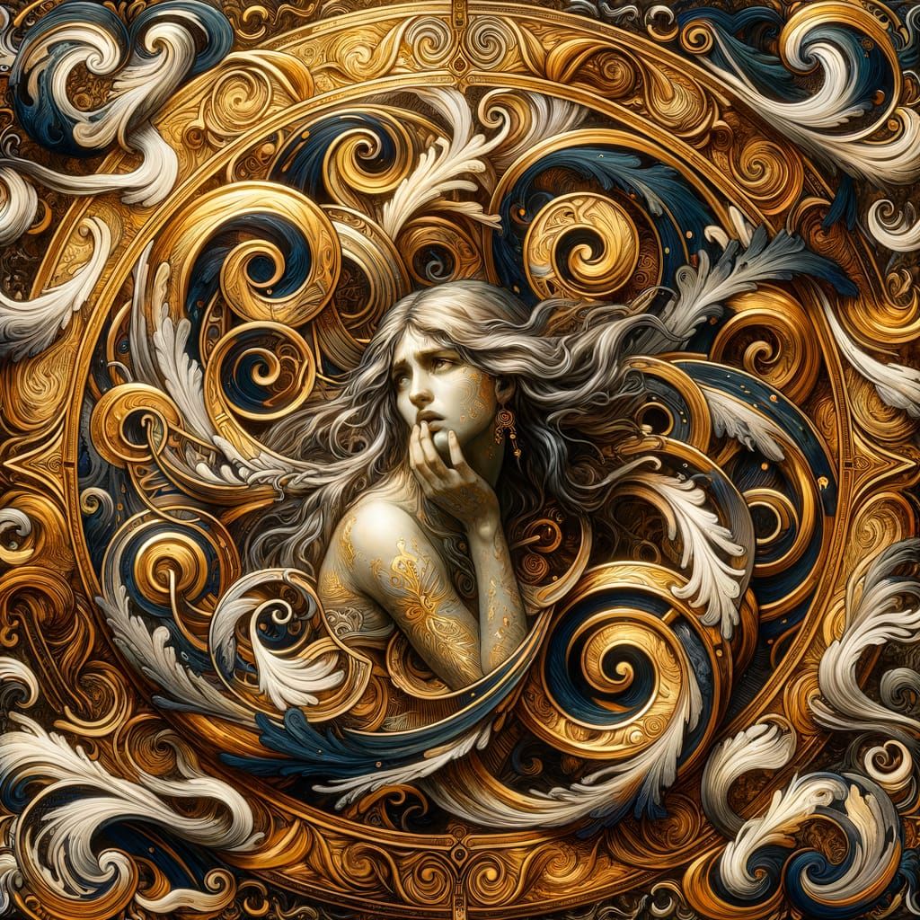 Symbolist Woman in Emotional Swirl with Gold Leaf