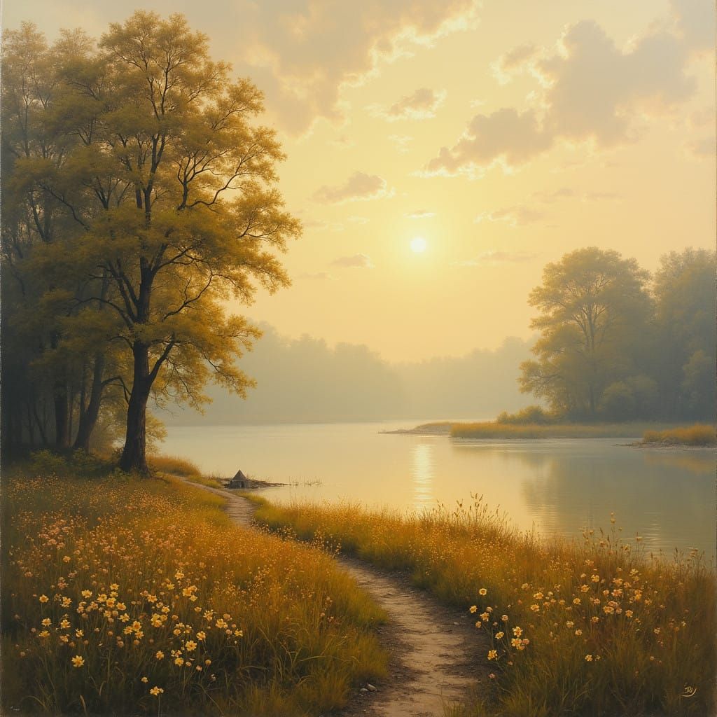 Hyper-Realistic Golden Light Landscape Painting