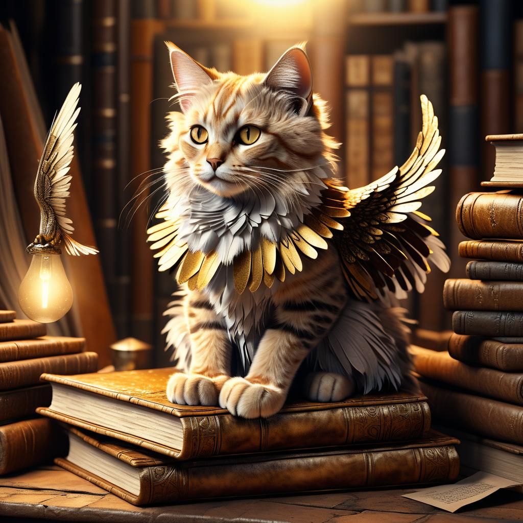 Winged Cat on Books in Digital Art Style