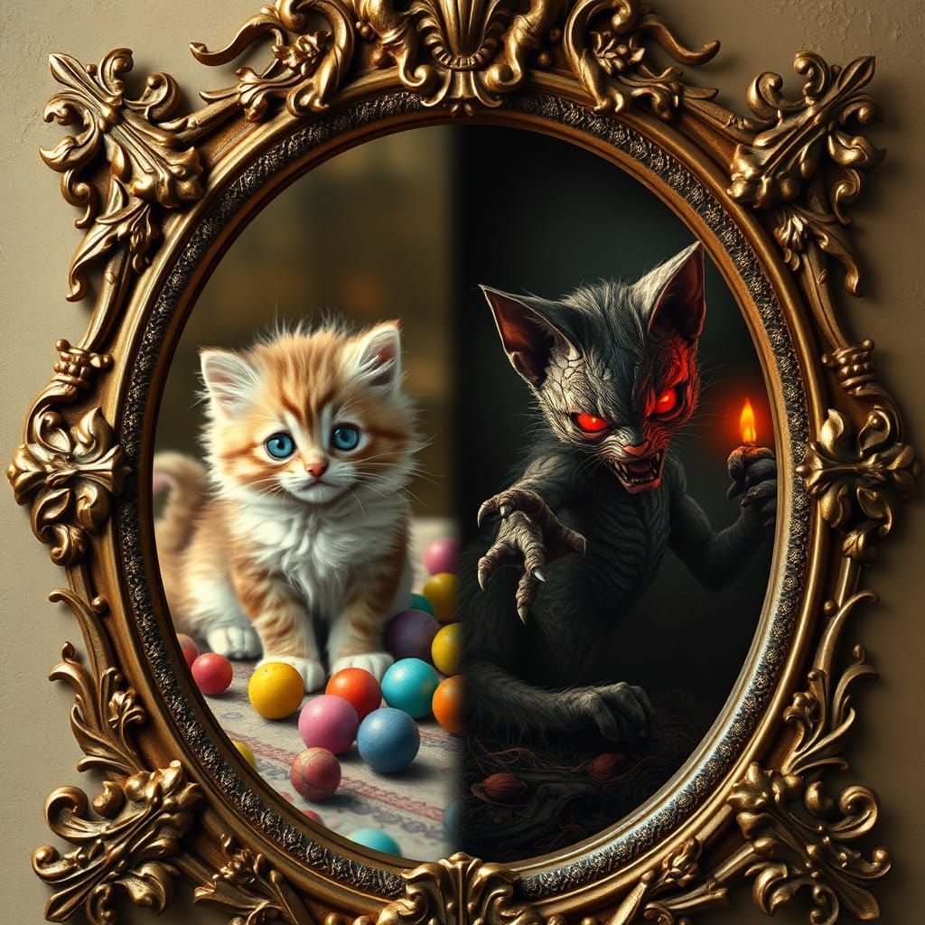 Ornate Mirror Reflecting Cute and Horror Kittens