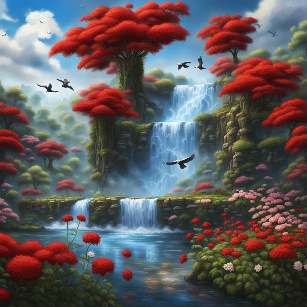 Waterfall Scene with Birds and Flowers, Impressionist Style