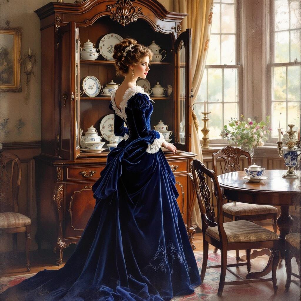 Victorian Woman in Blue Velvet Gown Portrait