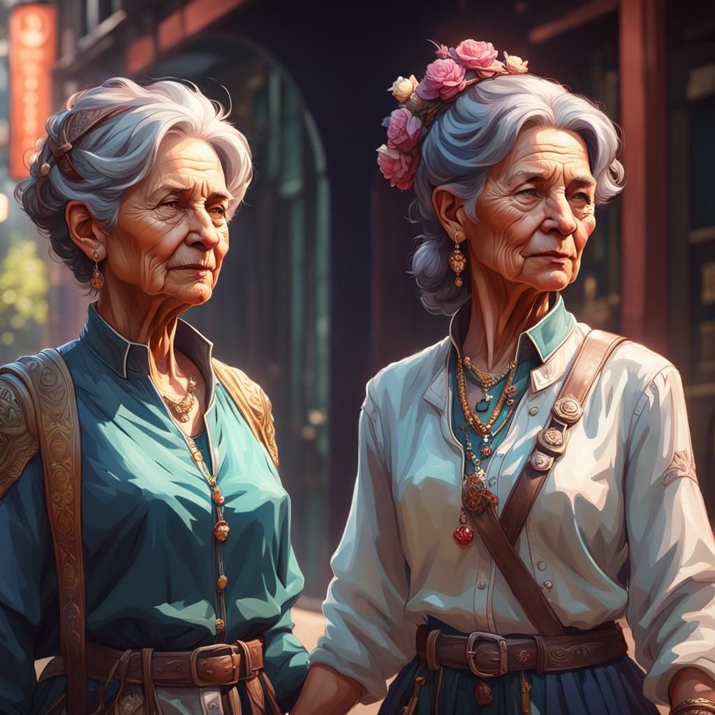 Two Older Women Walking, Hyperdetailed Artstation Portrait