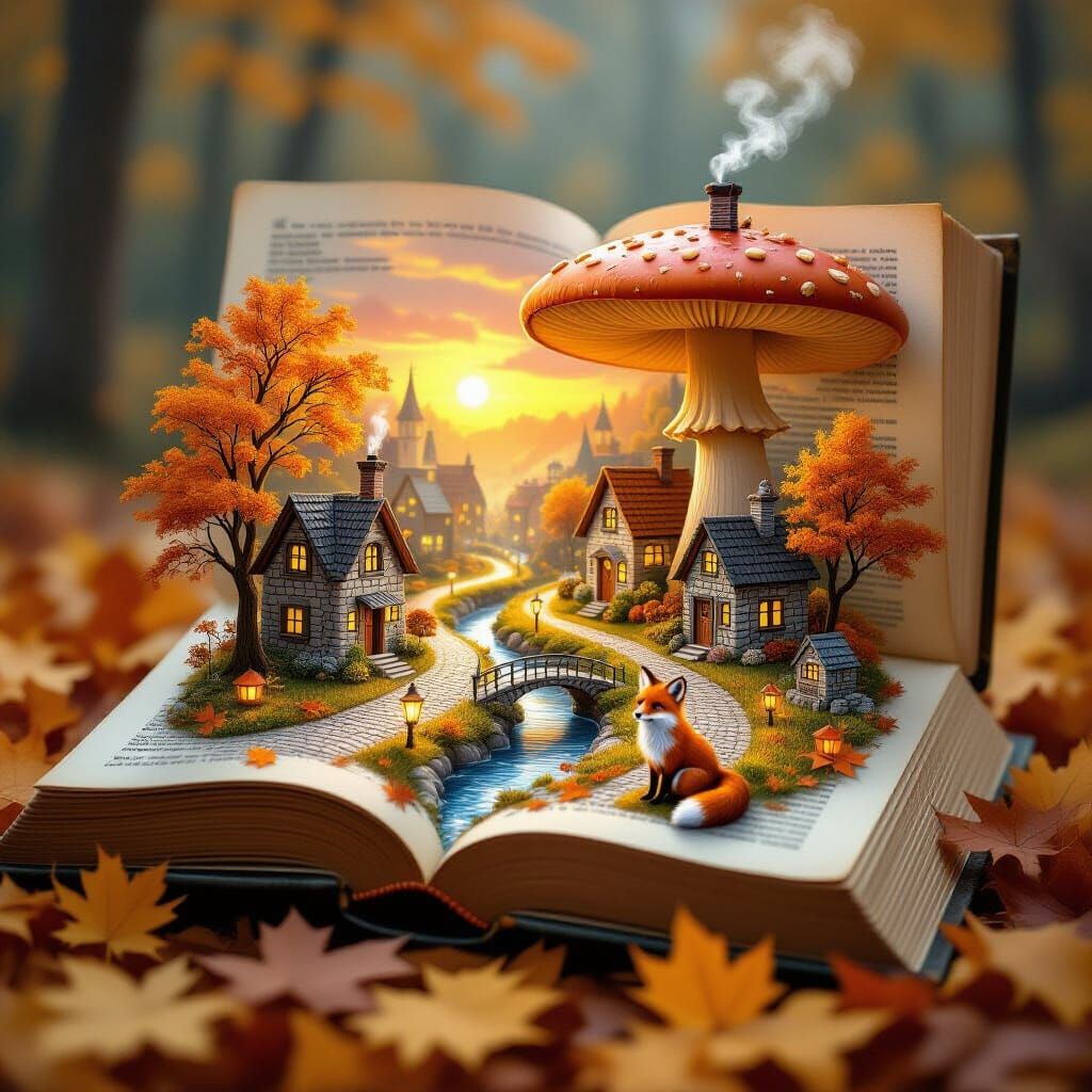 Miniature Autumn Town Inside Open Book Illustration