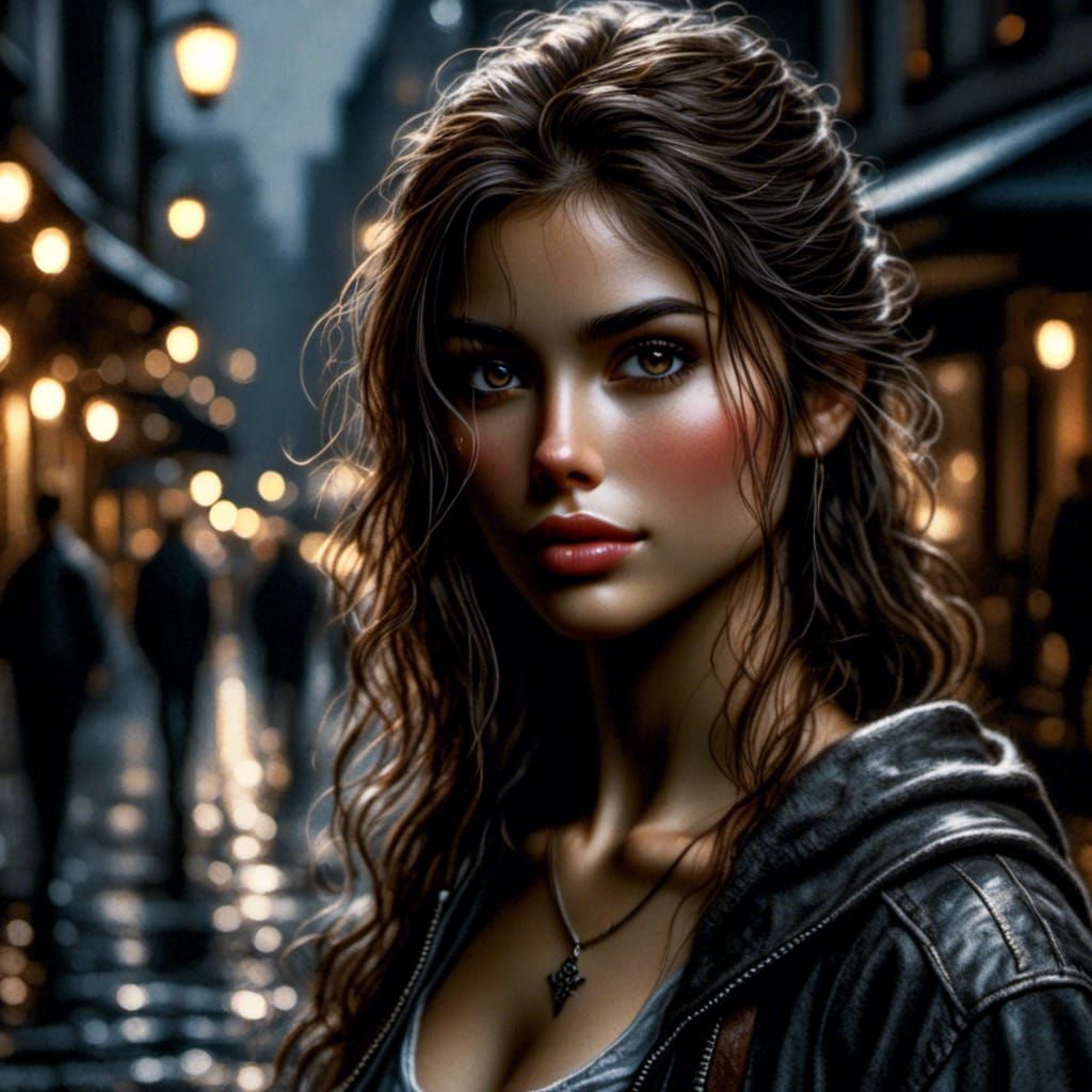 Detailed Portrait of Woman on City Street by Royo