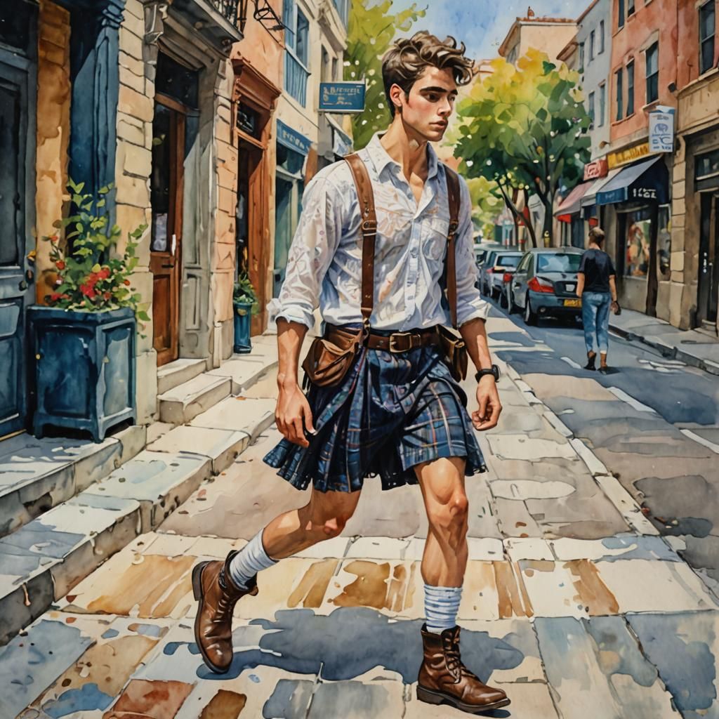 Gay Greek God in Kilt, Maximalist Gouache Painting