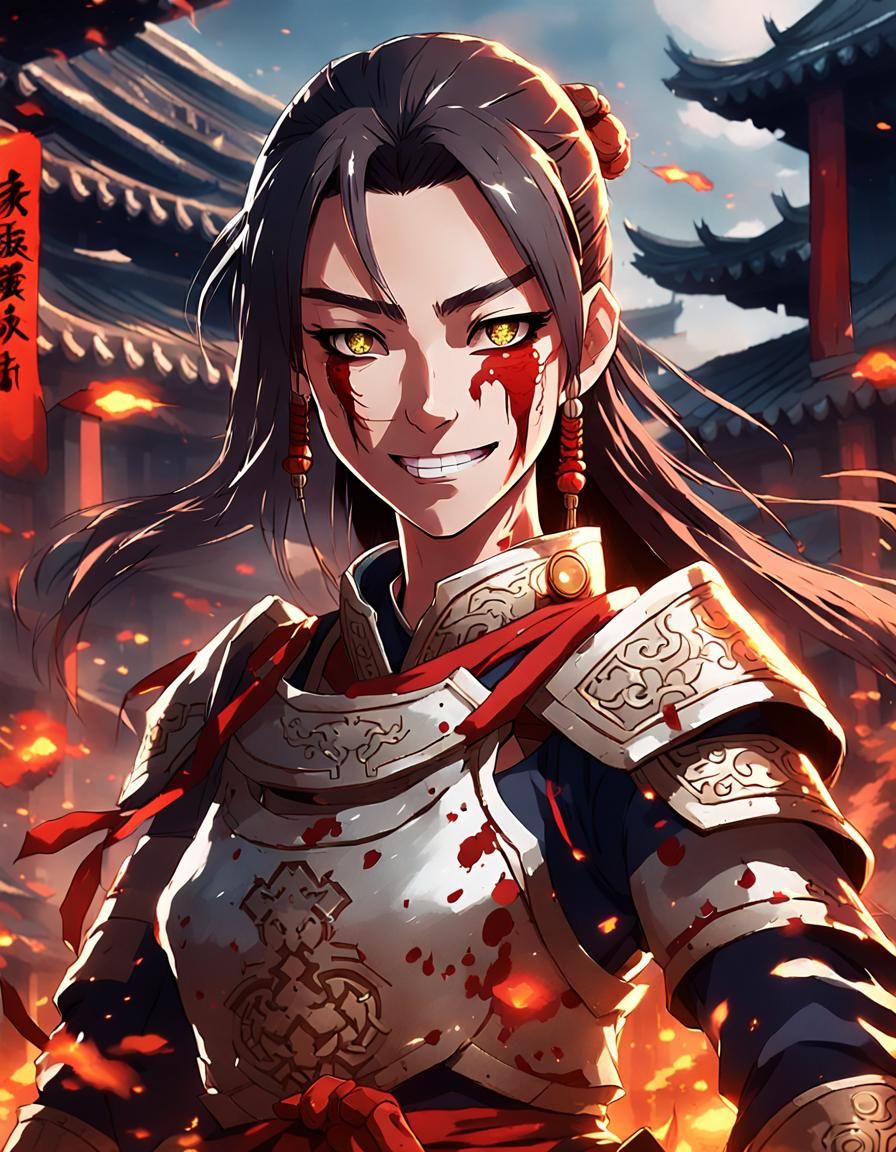 Anime Female Warrior in Burning City
