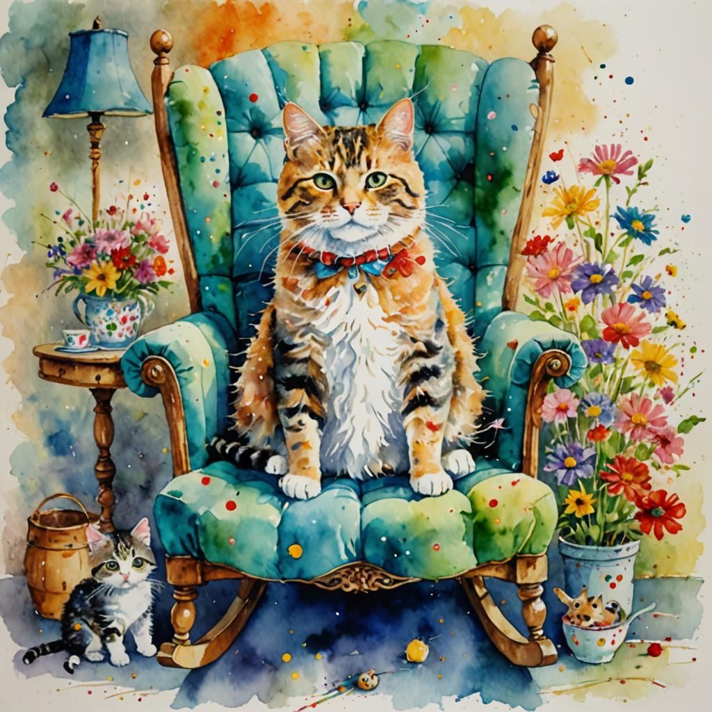Grandmother Cat with Kitten, Watercolor Style