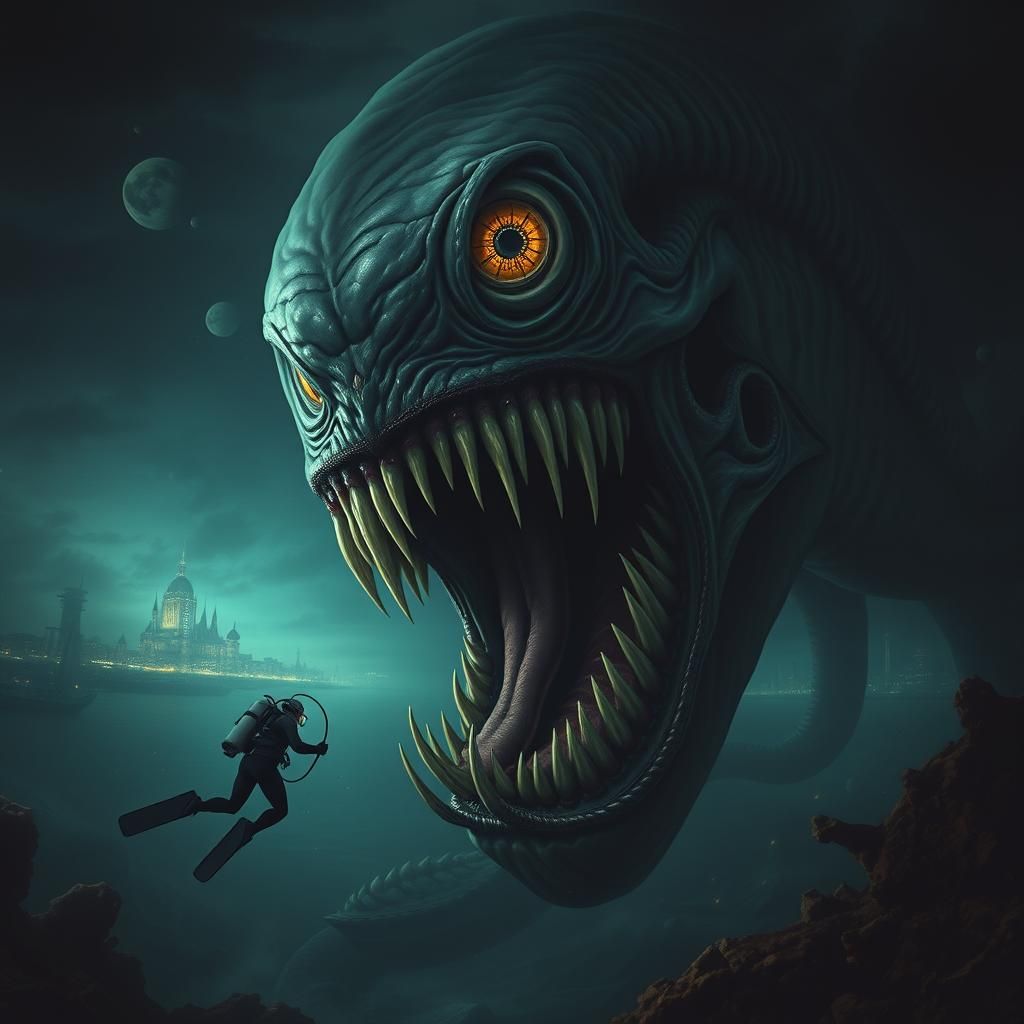 Eldritch Abomination Devouring Diver in Lovecraftian Horror