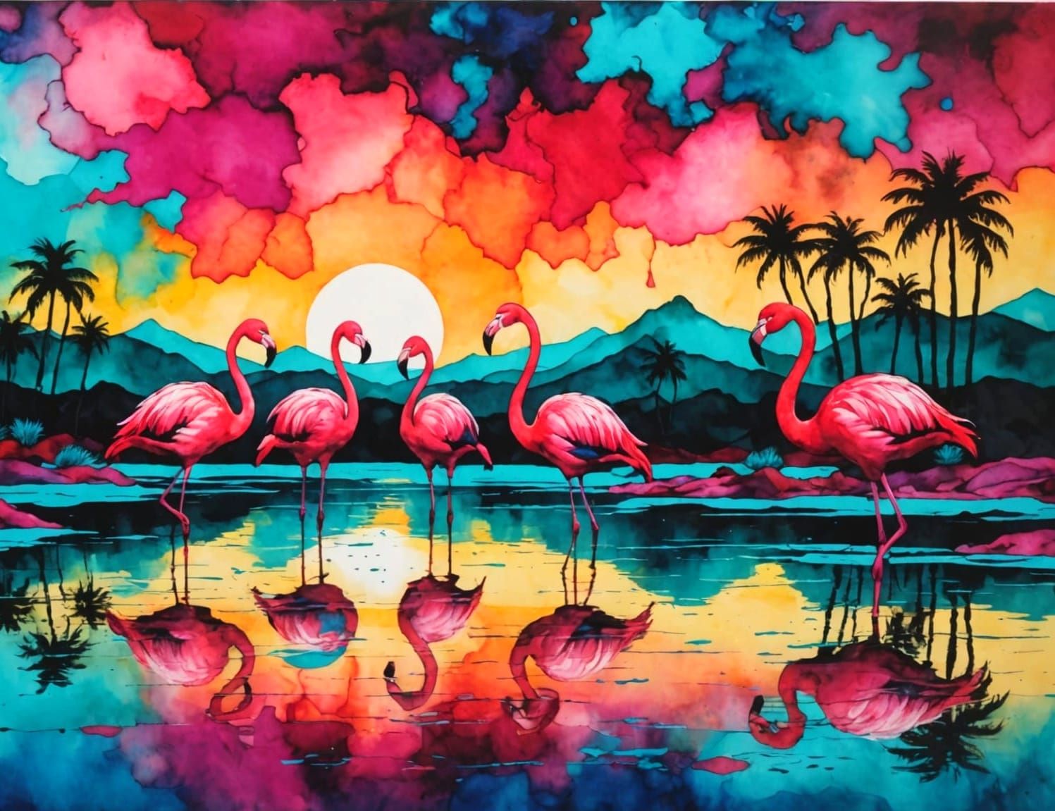 Flamingos in Dreamy Sunset Lagoon, Alcohol Ink Art