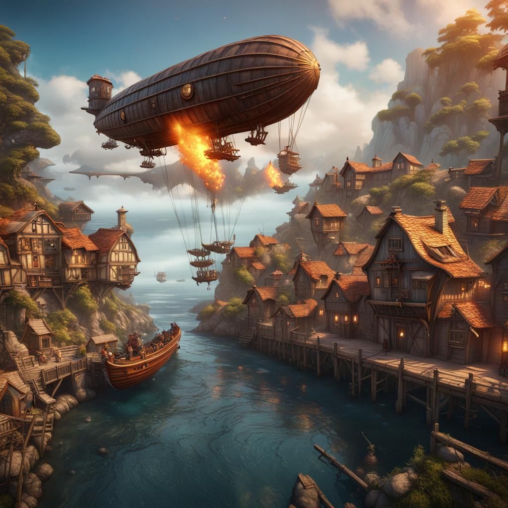 Airship Firebombing Coastal Village: Detailed Matte Painting