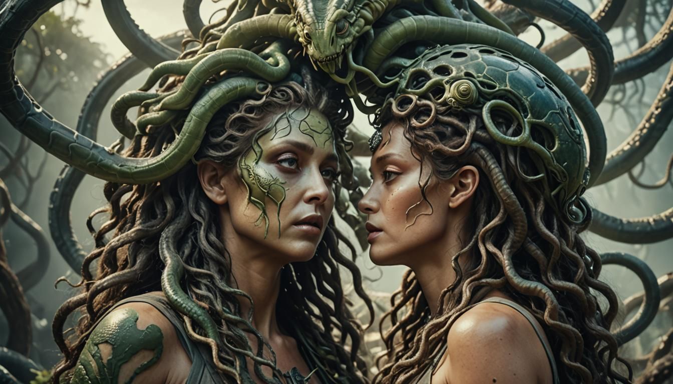 photography in the style of detailed hyper realism, Medusa kisses an alien,fantasy, bold lines, hyper detailed hyper det...