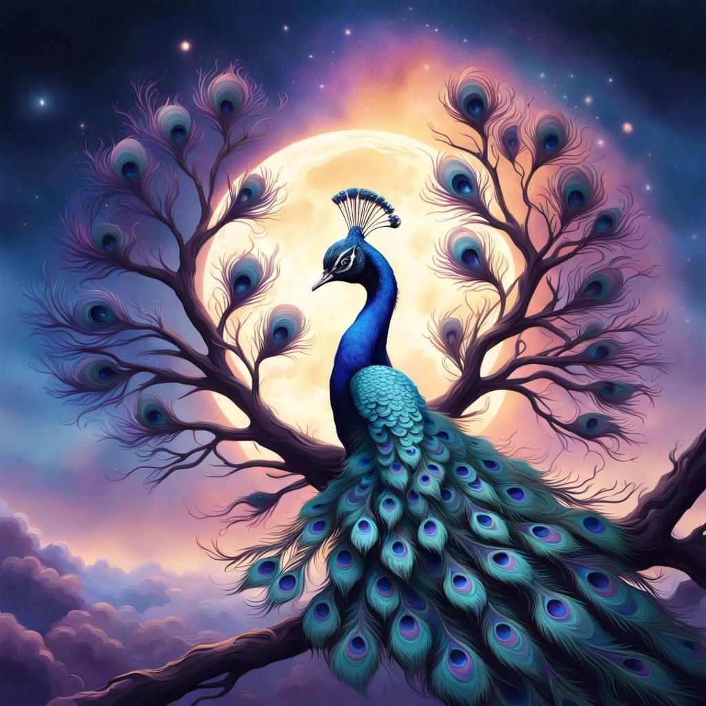 Cosmic Peacock Silhouette Against Starry Sky