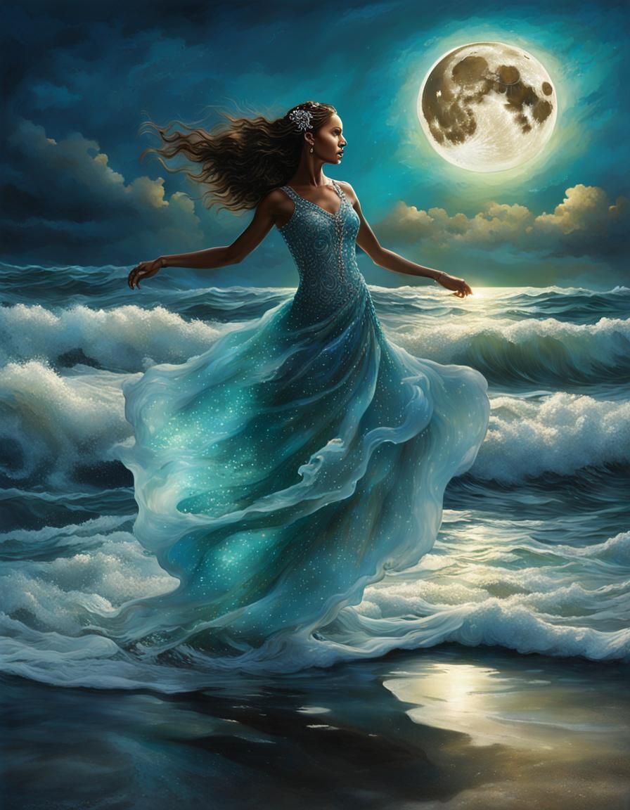 Woman Dancing in Moonlit Surf: Magical Realism