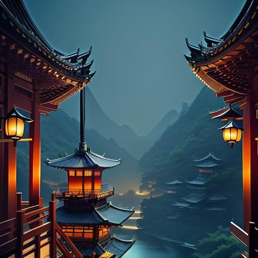 Silkpunk Ninja Kitten on Pagoda Roof at Night