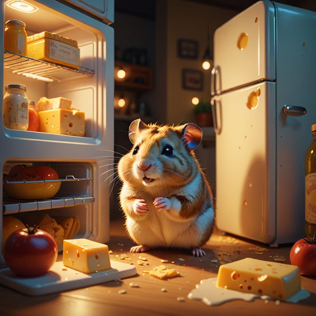 Hamster Steals Cheese in Whimsical Digital Painting