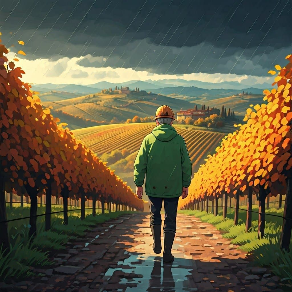 Geologist in Rain-Soaked Italian Vineyards, Ghibli Style
