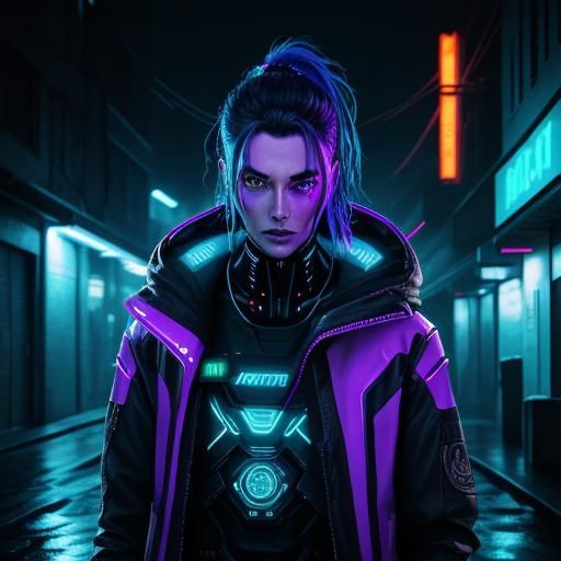 Gritty Cyberpunk Portrait of a Humanoid with Glowing Blue Ci...