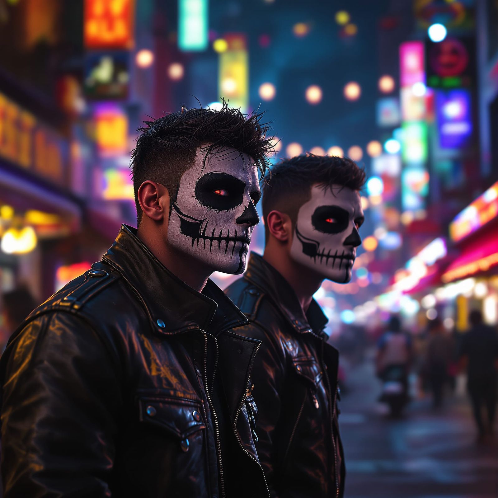 Twin Athletes with Skull Face Paint at City Festival