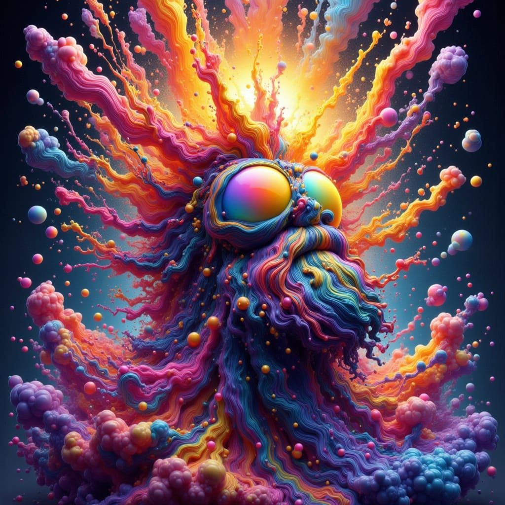 Cosmic Figure with Rainbow Beard in Surreal Galaxy