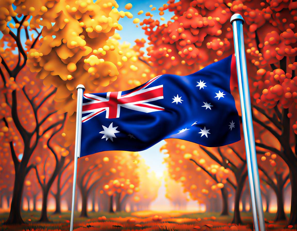 Australian Flag in Autumn, Hyperrealistic Splash Art