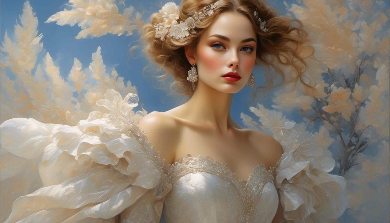 Girl in Peacock Dress by Lake, Digital Art