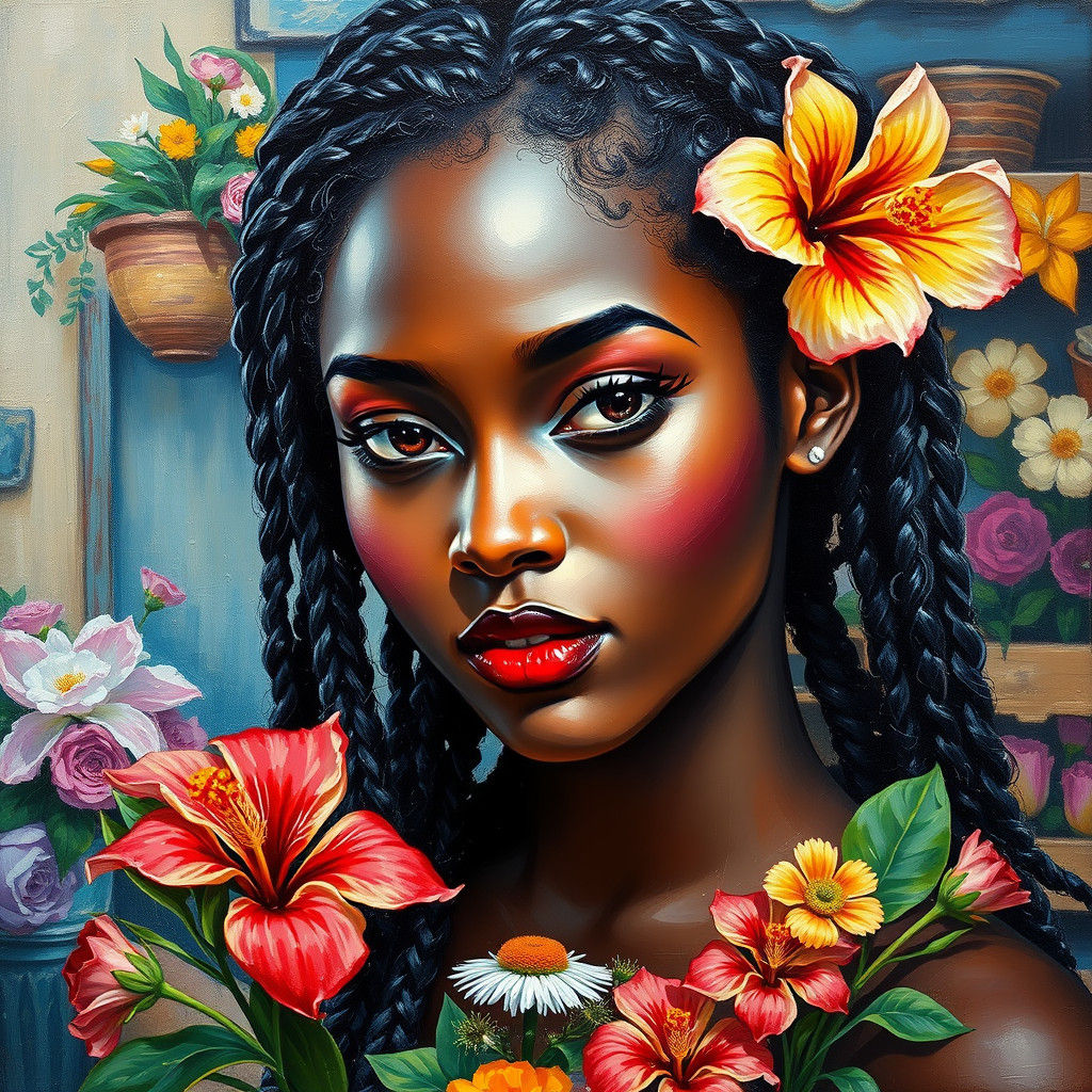 a beautiful dark-skinned young female with flowers