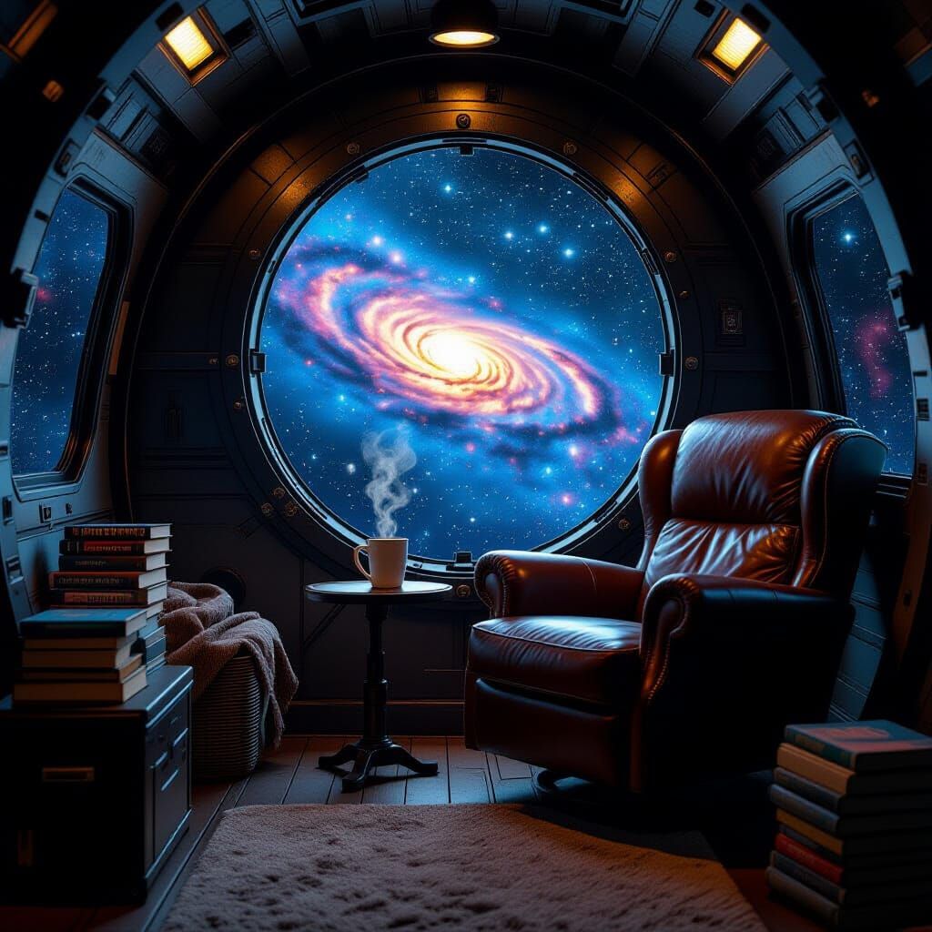 Cozy Spaceship Reading Corner in Space