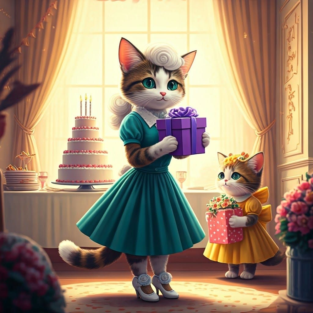 Anime Calico Cat Birthday in 1950s Style