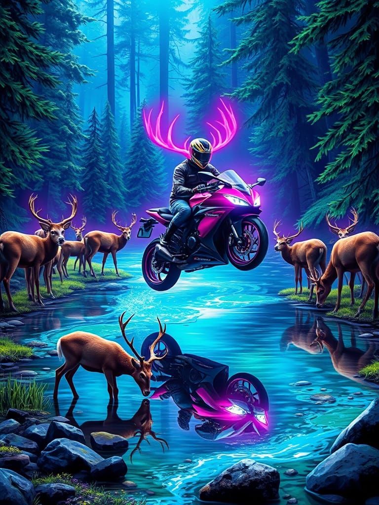 Deer, Motorcycle, and Rider in Bioluminescent Art Style
