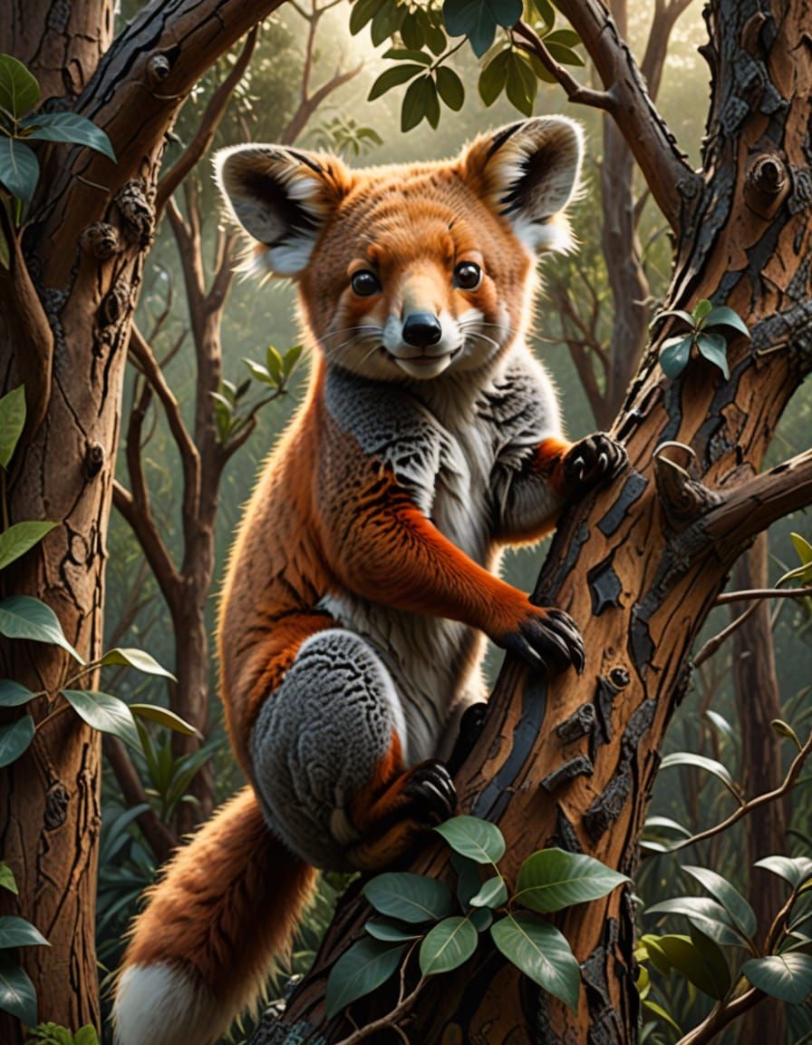 Fox Koala Hybrid on Tree in Photorealistic Style