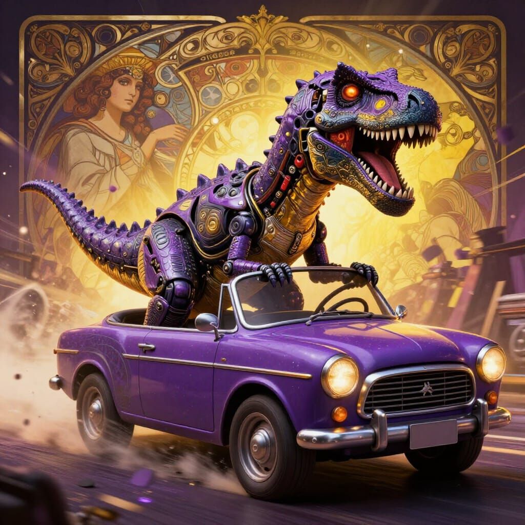 Mecha Dinosaur Drives Flintstones Car in Dark Fantasy Art