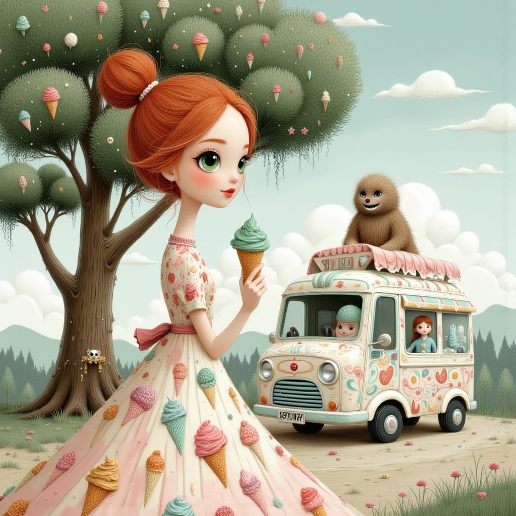 Woman With Red Hair Holds Ice Cream Cone