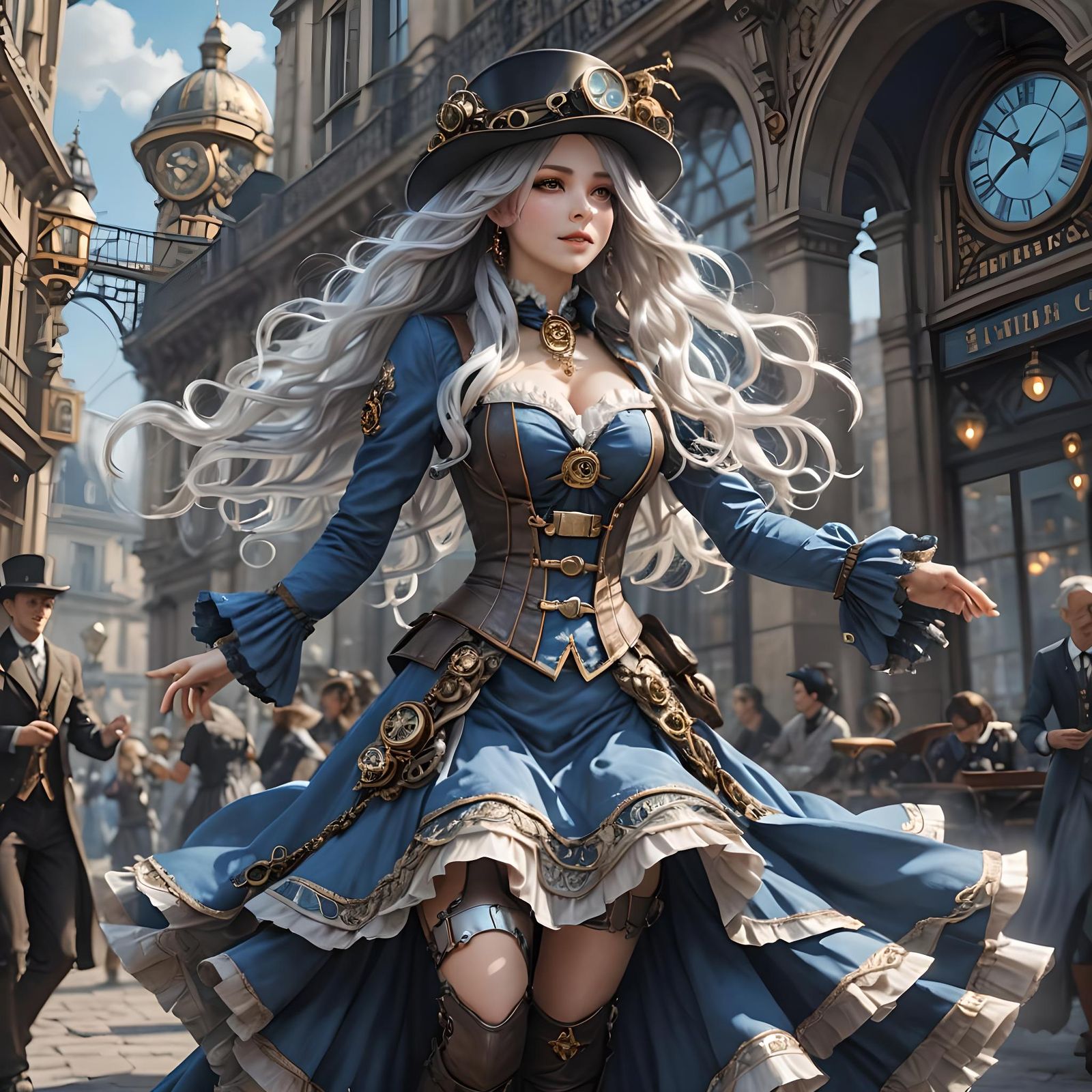 Steampunk Woman Dancing in Enchanting Paris