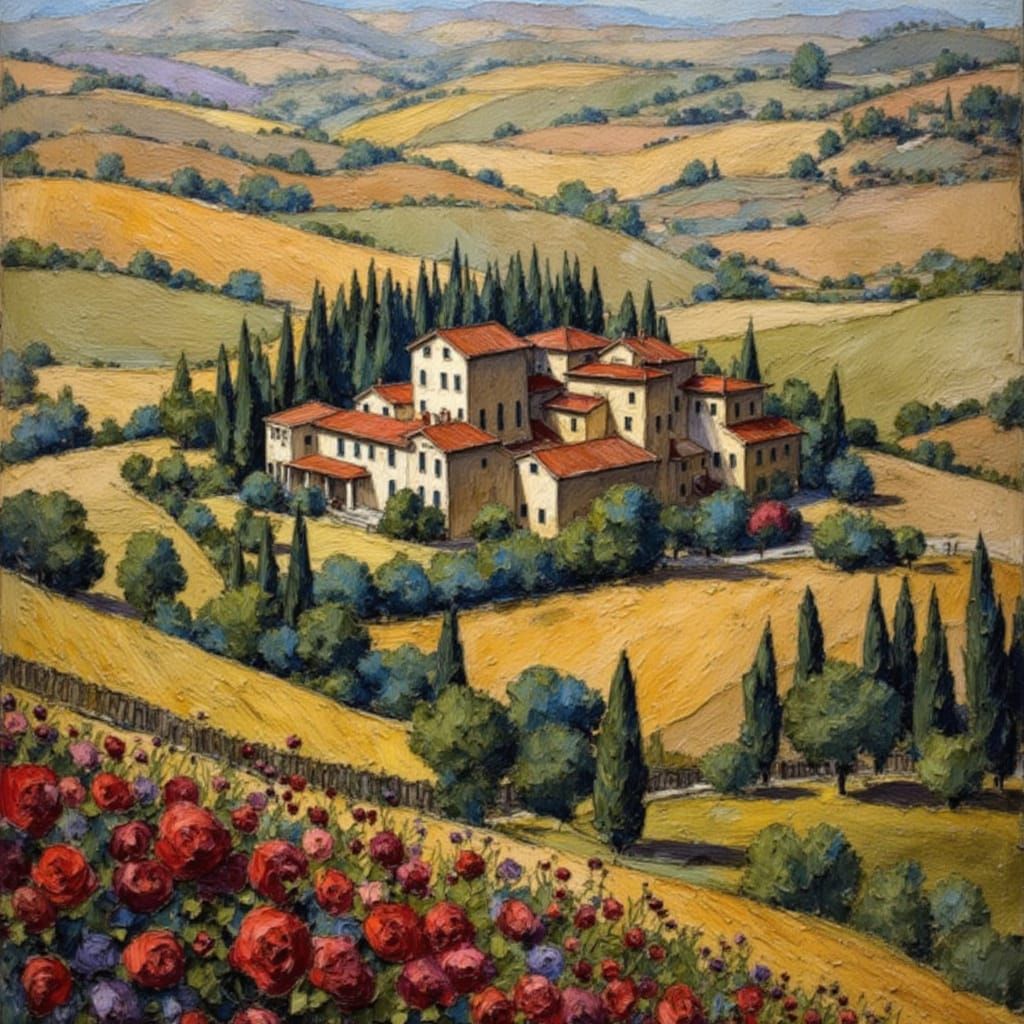 Tuscan Landscape with Villas: Impasto Oil Painting