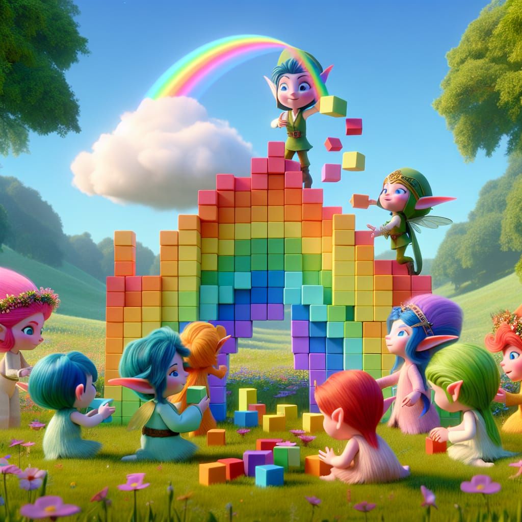 Disney Pixar style 3D adorable elves, wearing rainbow colore...