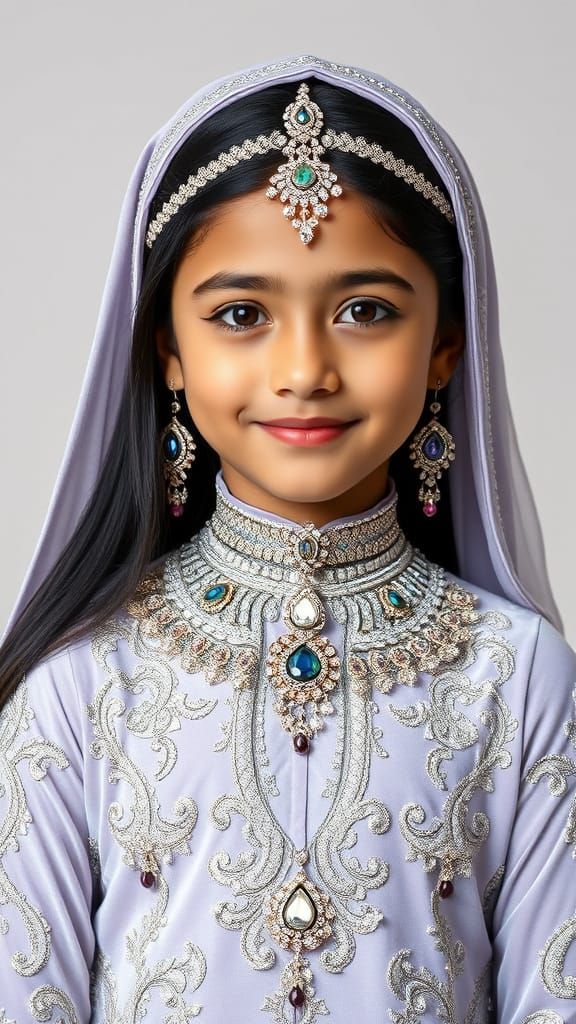 Elegant Young Girl in Resplendent Silver Eid Dress with Crys...