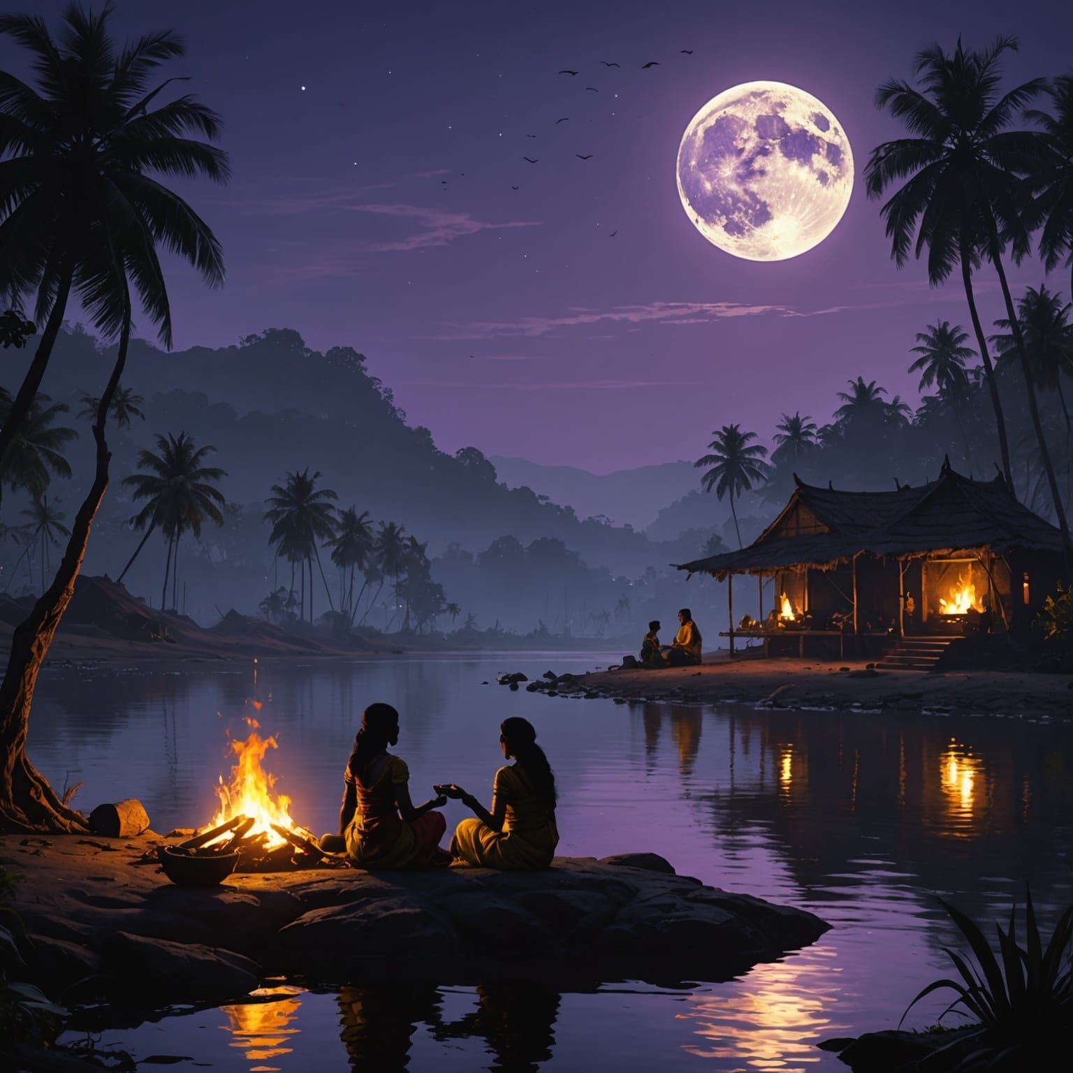 Kerala Riverbank Firelight: Dark Fantasy Art