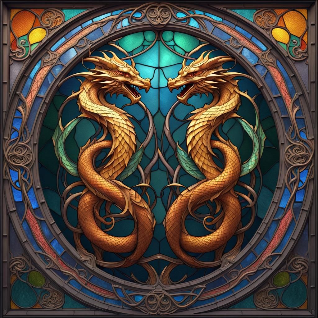 Art Nouveau Stained Glass Dragons Infinity Knot