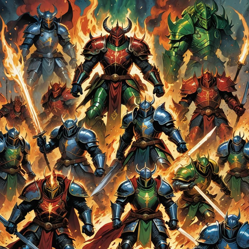 Epic Knights Battle Fiery Demon: Comic Book Art