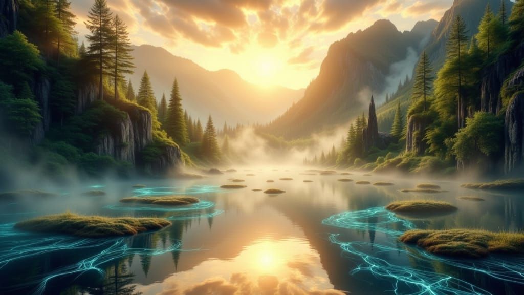 Ethereal Ghost Lake at Dawn with Ancient Ruins