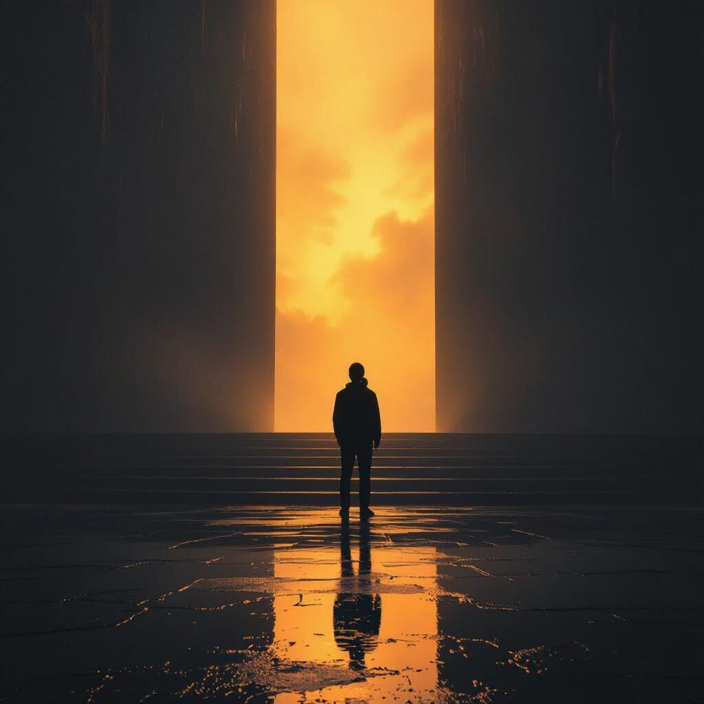 Silhouette Facing Portal of Light in Sci-Fi Realm