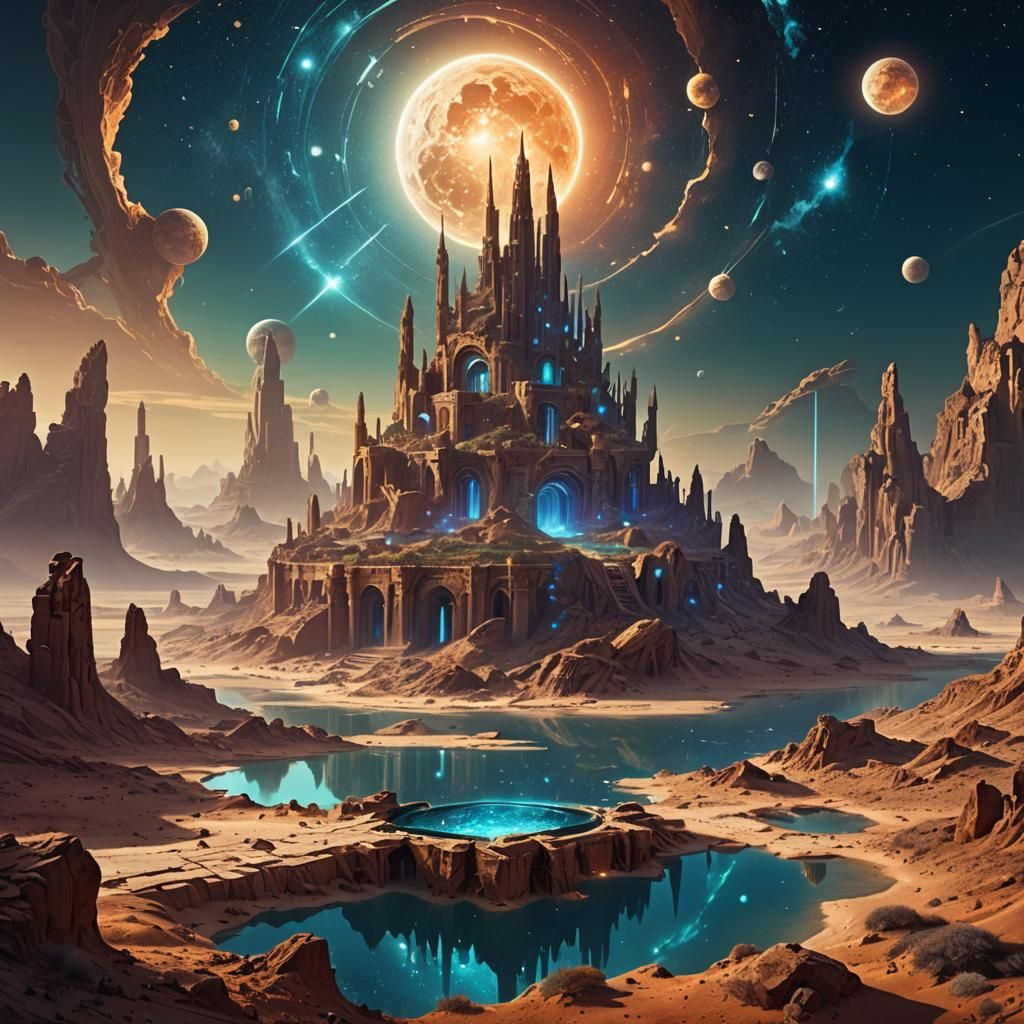 Surreal Desert Landscape with Futuristic Ruins