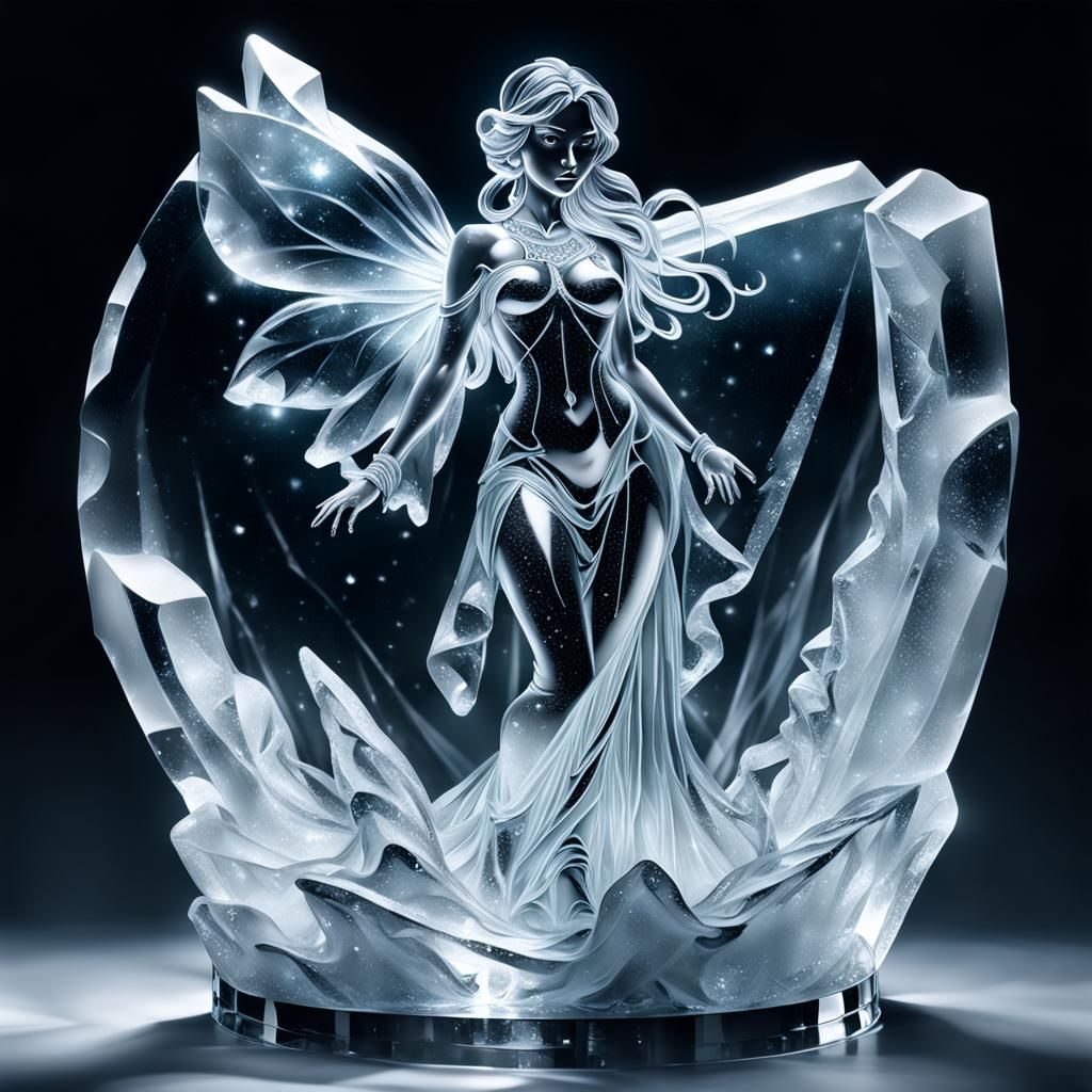 translucent nymph ice sculpture, light shining through clear icy, crystal glass-like quality, gauzy icy draped clothing,...